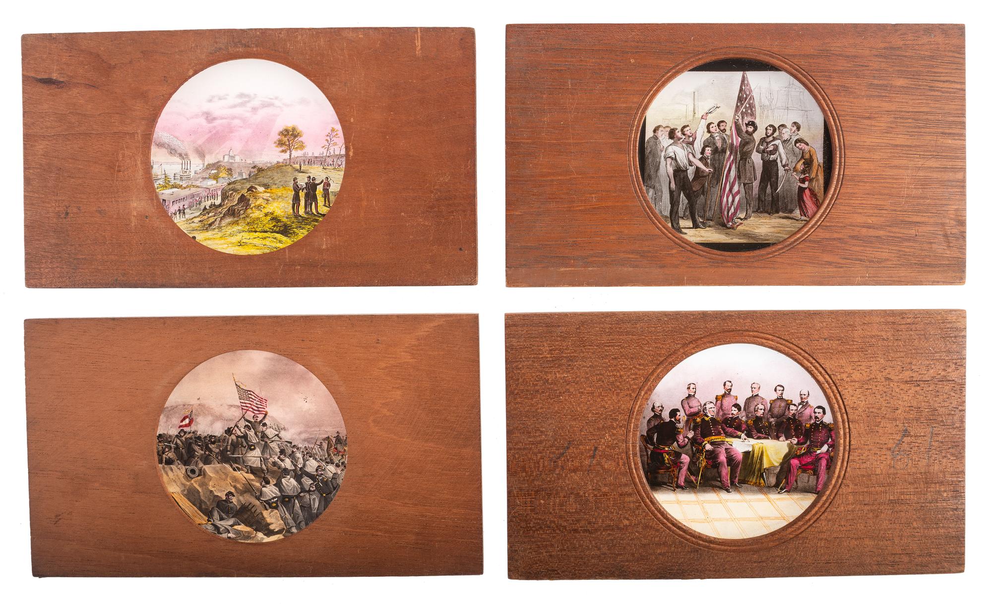 [CIVIL WAR - MAGIC LANTERN SLIDES]. A large collection of 200+ assorted glass slides featuring illustrated historical scenes and artistic images, including:
