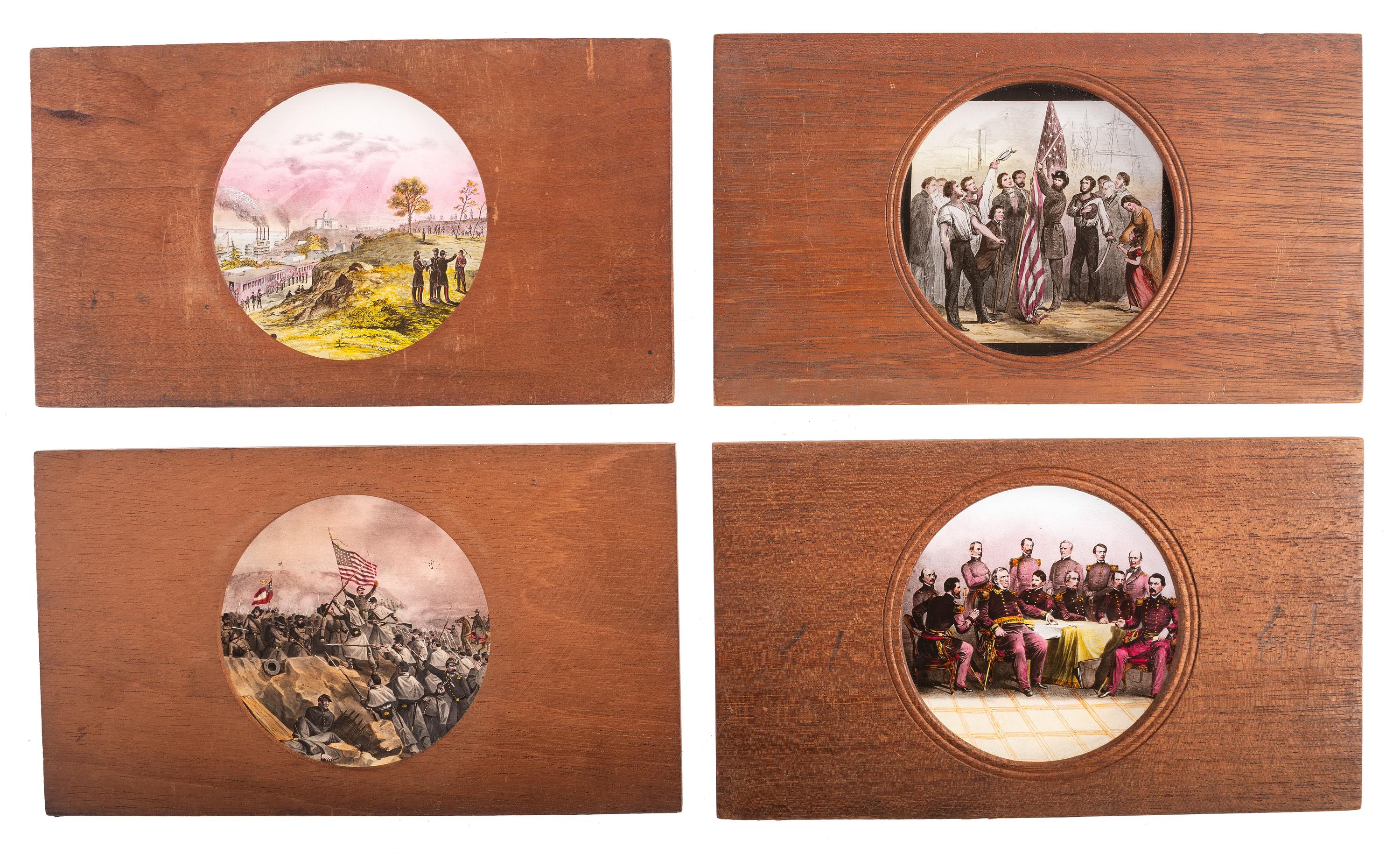 [CIVIL WAR - MAGIC LANTERN SLIDES]. A large collection of 200+ assorted glass slides featuring illustrated historical scenes and artistic images, including: