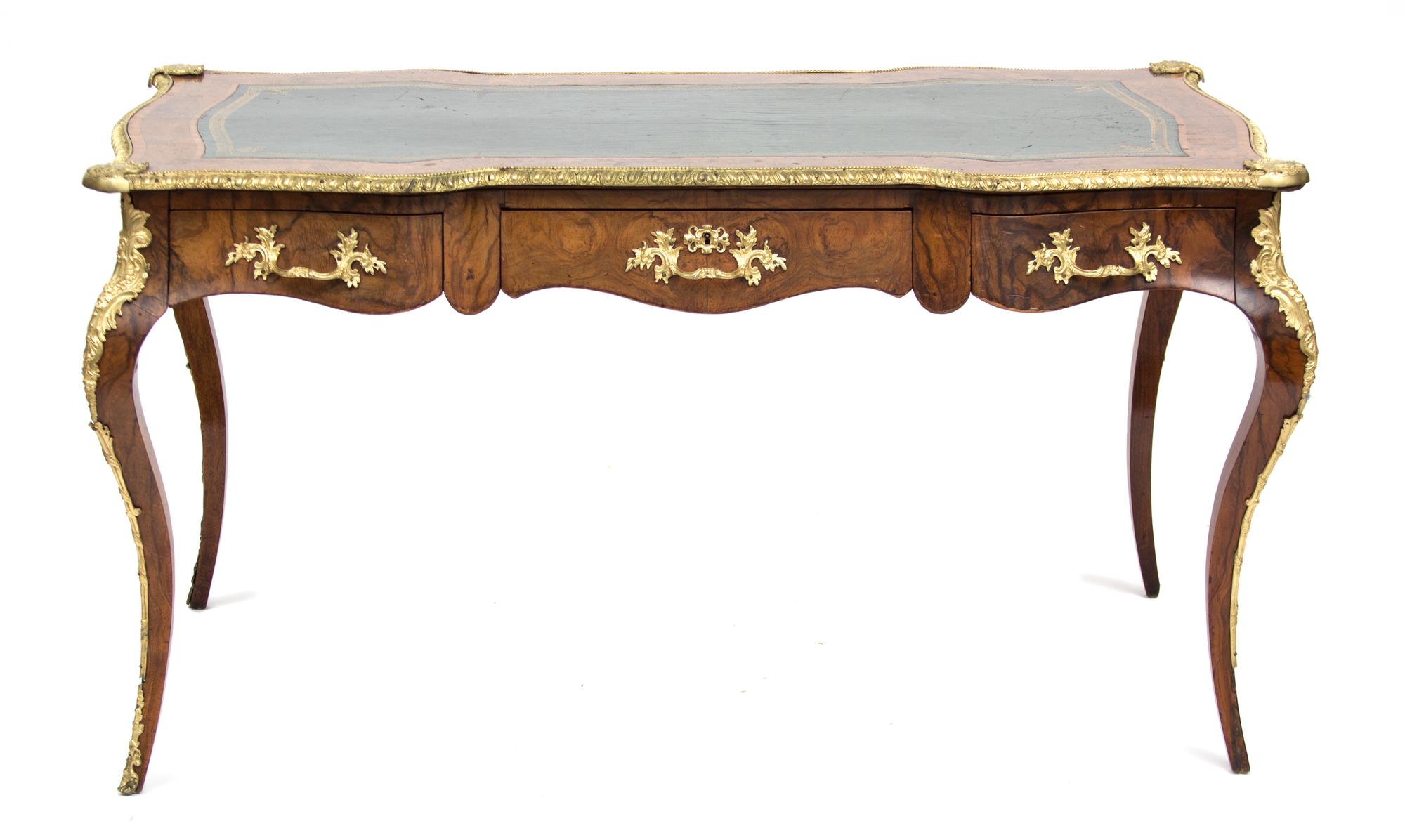 A Louis XV Style Gilt Bronze Mounted Inlaid Walnut Bureau Plat Height 29 x width 53 1/2 x depth 28 1/2 inches. — 19TH CENTURY