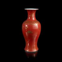 A Chinese coral-ground gilt-decorated baluster vase 珊瑚红地描金凤尾尊 Qing dynasty ?