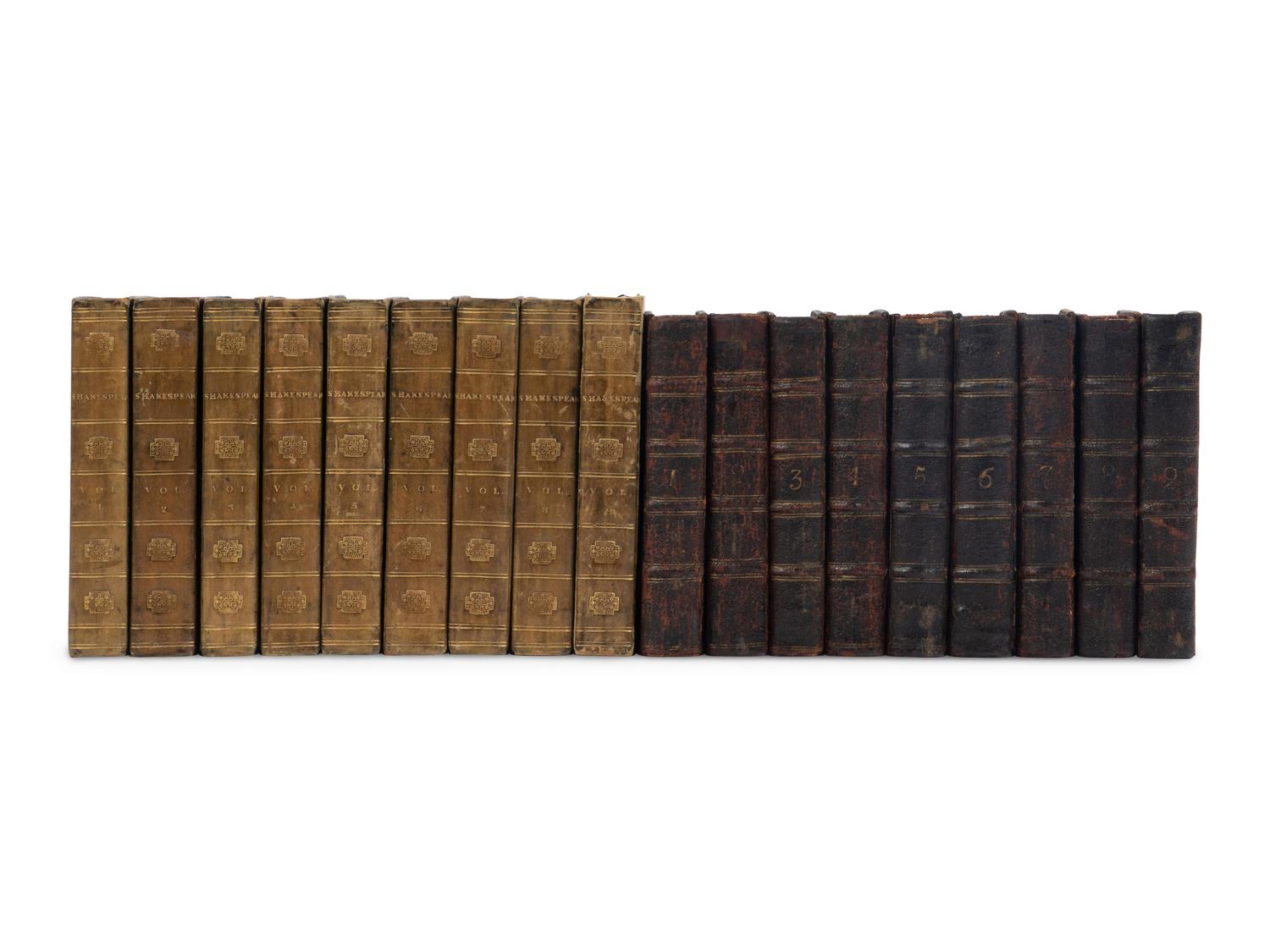 SHAKESPEARE, William (1564-1616). The Works of Shakespear...with a glossary. Carefully printed from the Oxford Edition in Quarto, 1744 . Sir Thomas Hanmer, editor. London: Printed for J. and P. Knapton, et al, 1747.