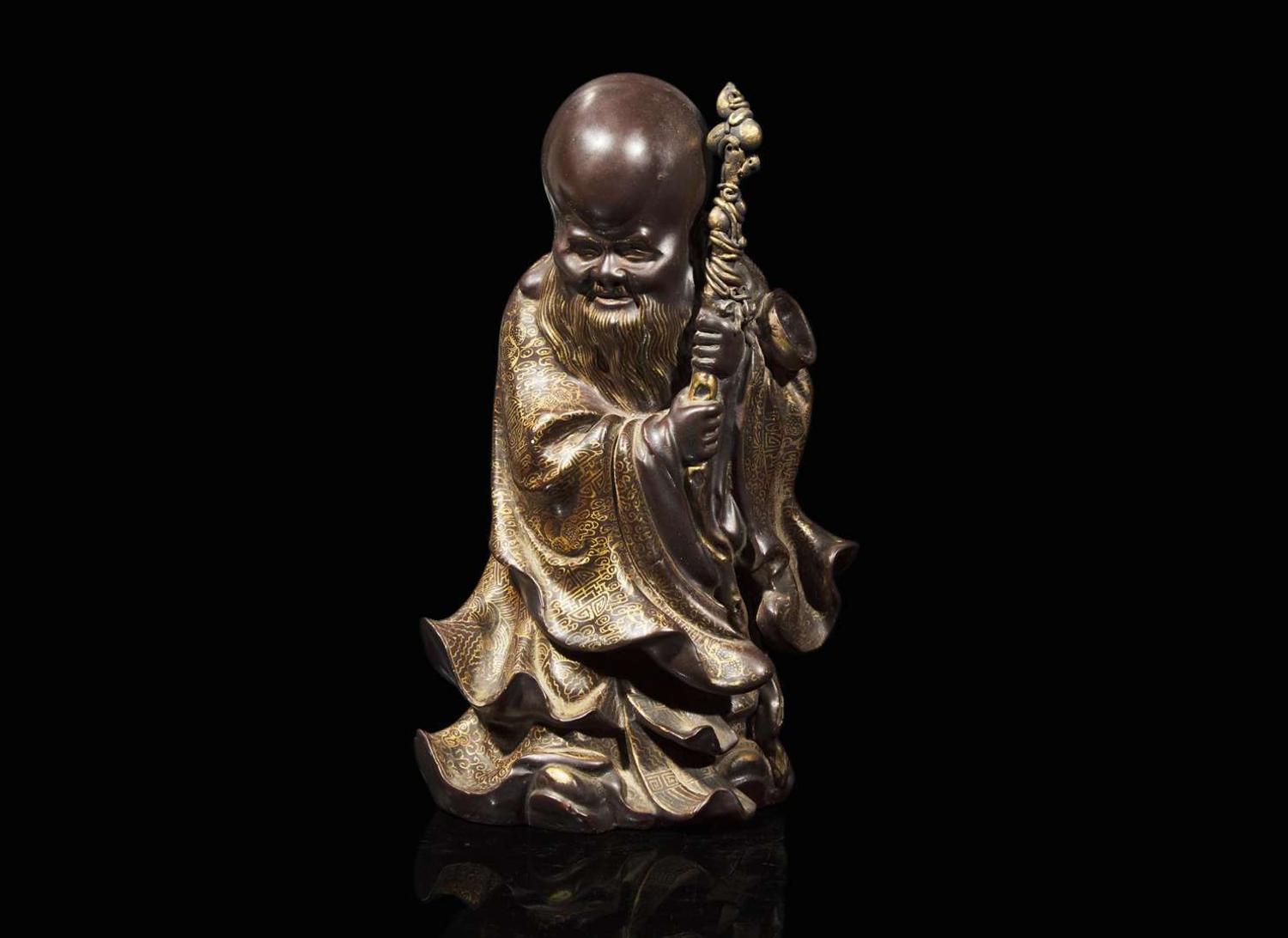 An unusual Chinese porcelain faux bronze "Shoulao" figural censer, attributed to You Changzi 瓷仿銅壽老香爐 游長子署名