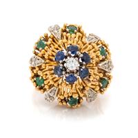 YELLOW GOLD, DIAMOND, SAPPHIRE AND EMERALD RING