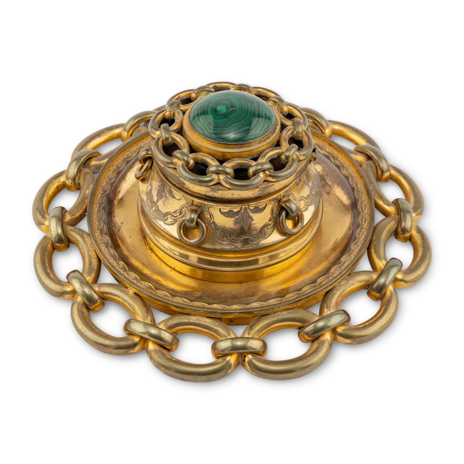 A Victorian Gilt-Brass and Malachite Ink Well