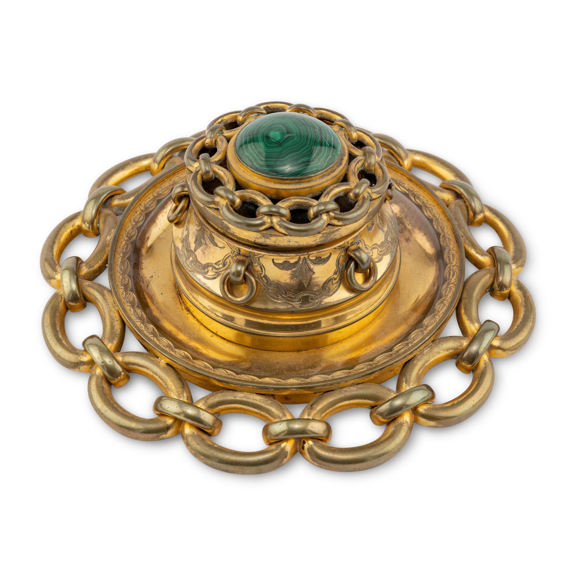 A Victorian Gilt-Brass and Malachite Ink Well