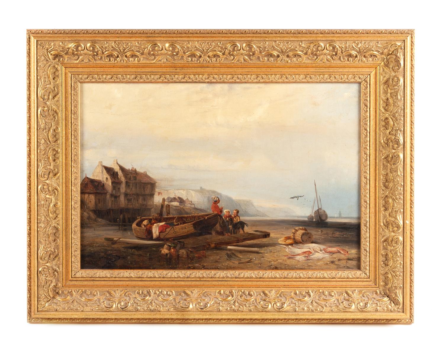 Alexandre Thomas Francia, (French, 1815-1884), Figures and a Dog Beside a Boat in a Harbor