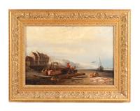 Alexandre Thomas Francia, (French, 1815-1884), Figures and a Dog Beside a Boat in a Harbor