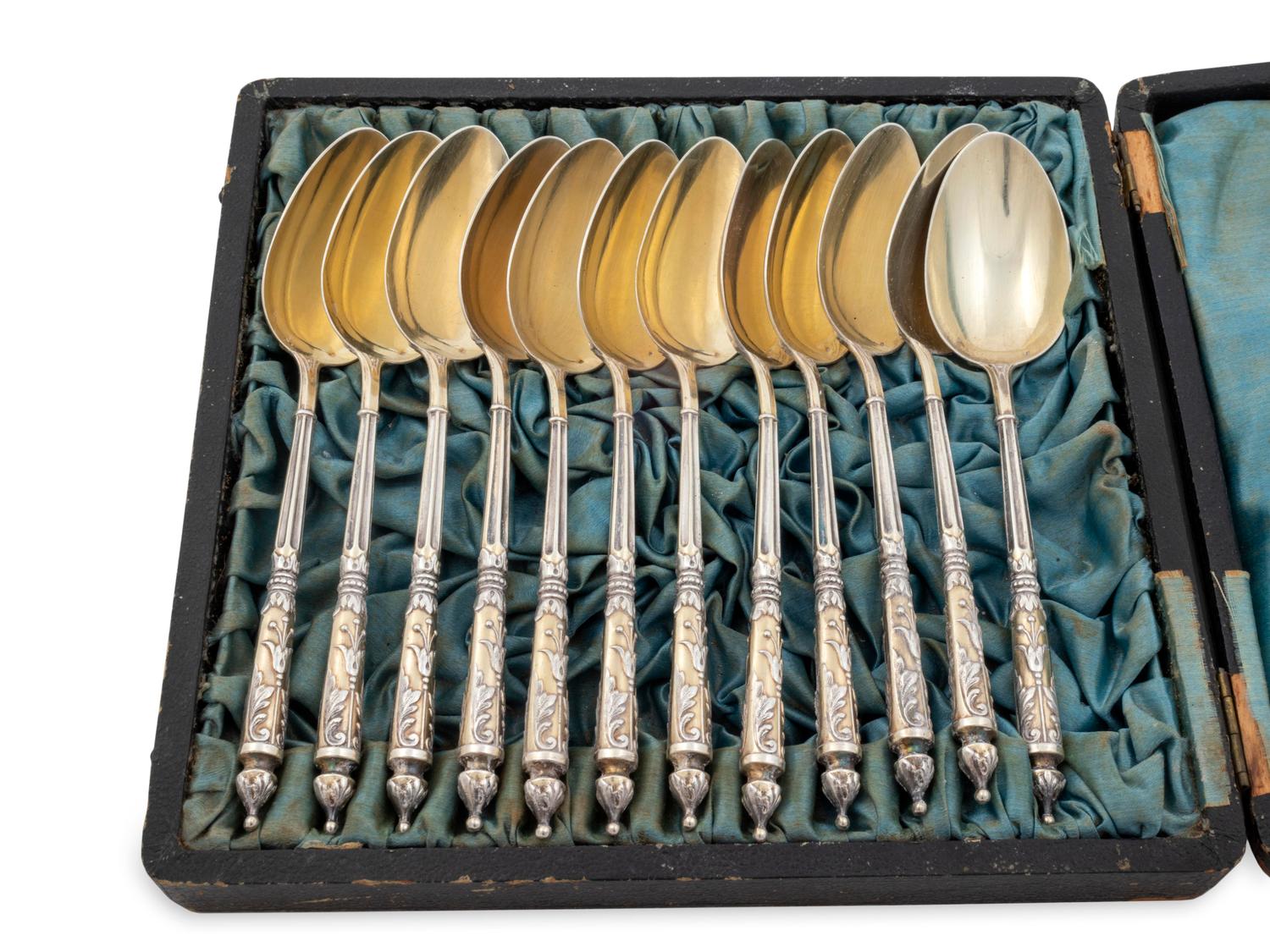 A Set of Twelve French Silver Teaspoons and a Set of Six Danish Silver and Enamel Demitasse Spoons