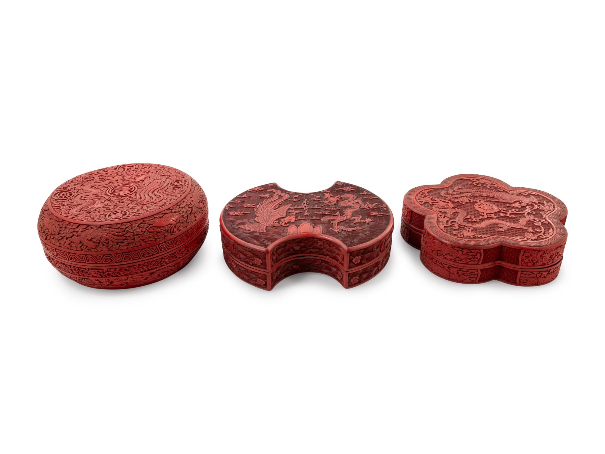 Three Large Chinese Carved Red Lacquer Covered Boxes