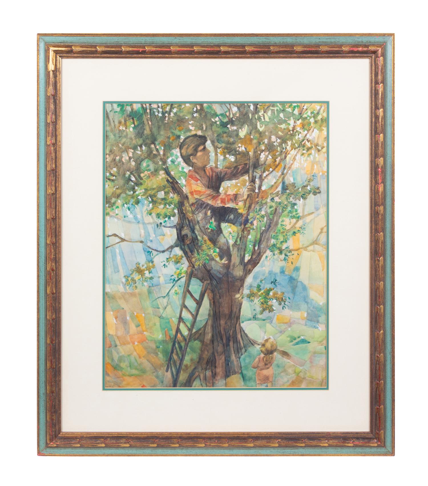 American School (20th century) Boy in a Tree watercolor on…