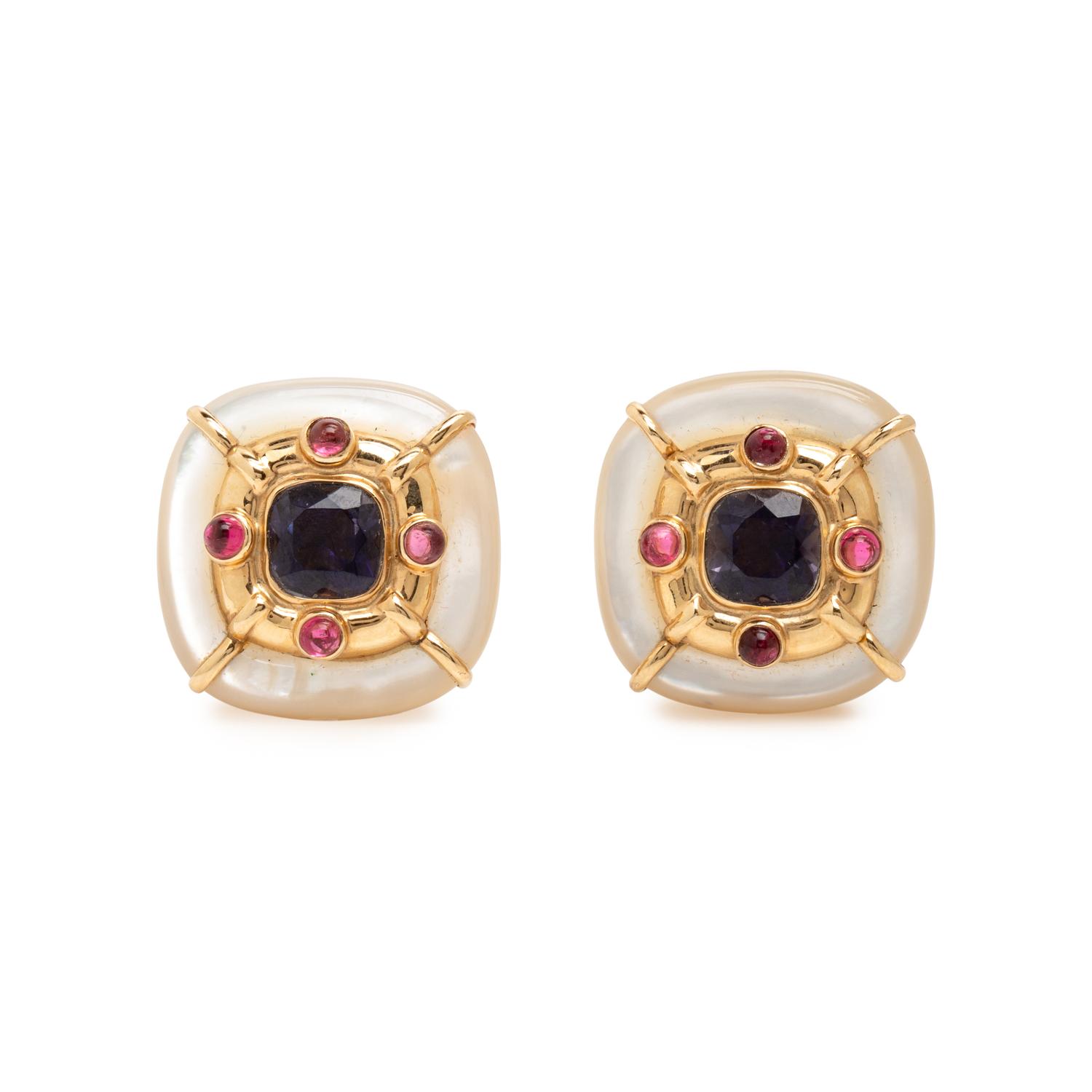 Multigem, Mother-of-Pearl, and Yellow Gold Earrings