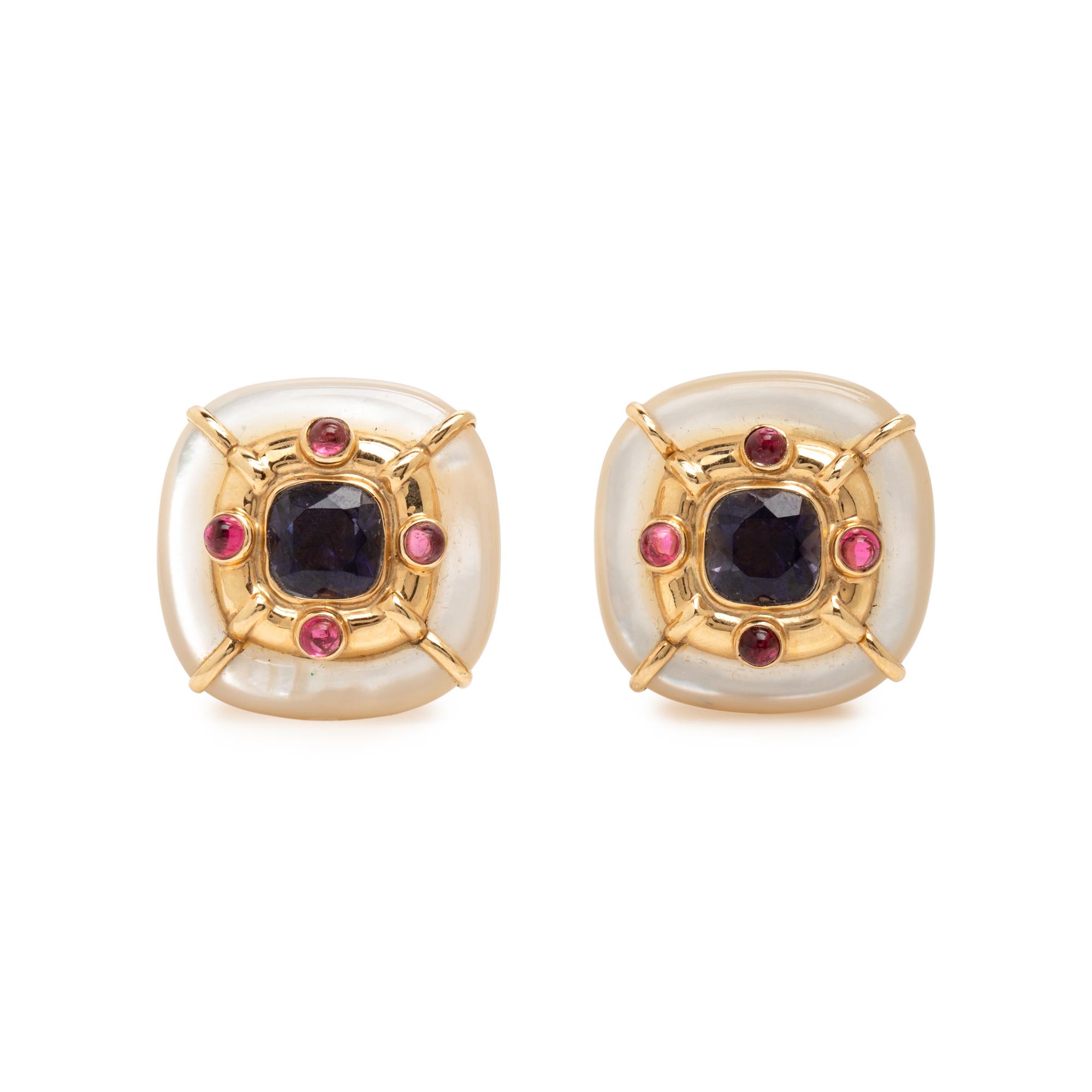 Multigem, Mother-of-Pearl, and Yellow Gold Earrings