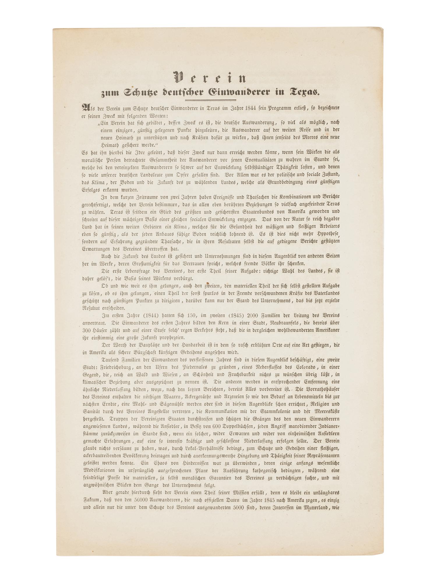 [TEXAS - GERMAN SETTLEMENT]. Verein zum Schutze Deutscher Einwanderer in Texas. [Mainz and Weissbaden, February 7, 25, 1846].