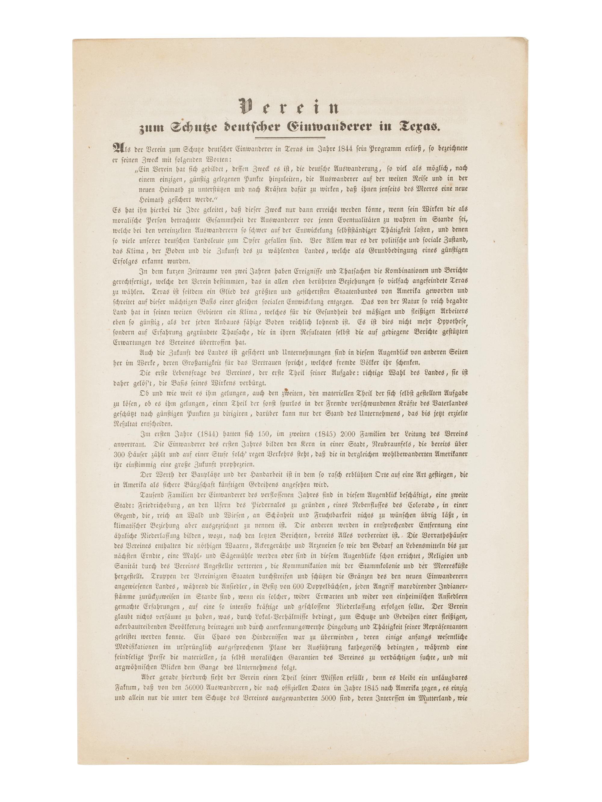 [TEXAS - GERMAN SETTLEMENT]. Verein zum Schutze Deutscher Einwanderer in Texas. [Mainz and Weissbaden, February 7, 25, 1846].