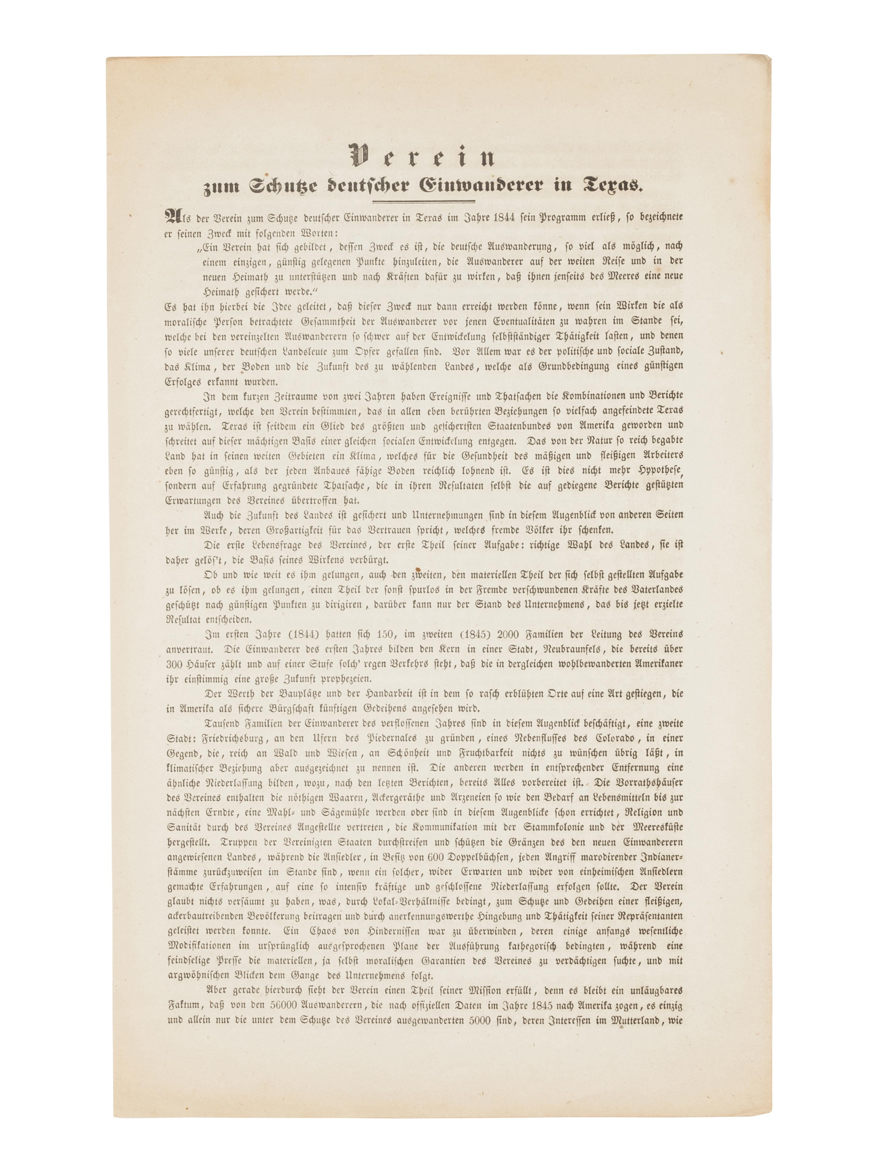 [TEXAS - GERMAN SETTLEMENT]. Verein zum Schutze Deutscher Einwanderer in Texas. [Mainz and Weissbaden, February 7, 25, 1846].