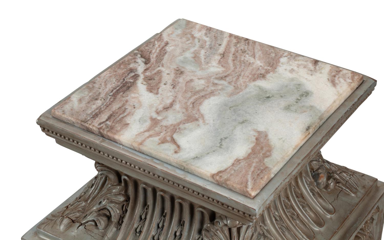 A Pair of Louis XIV Style Gray-Painted Marble-Top Pedestals