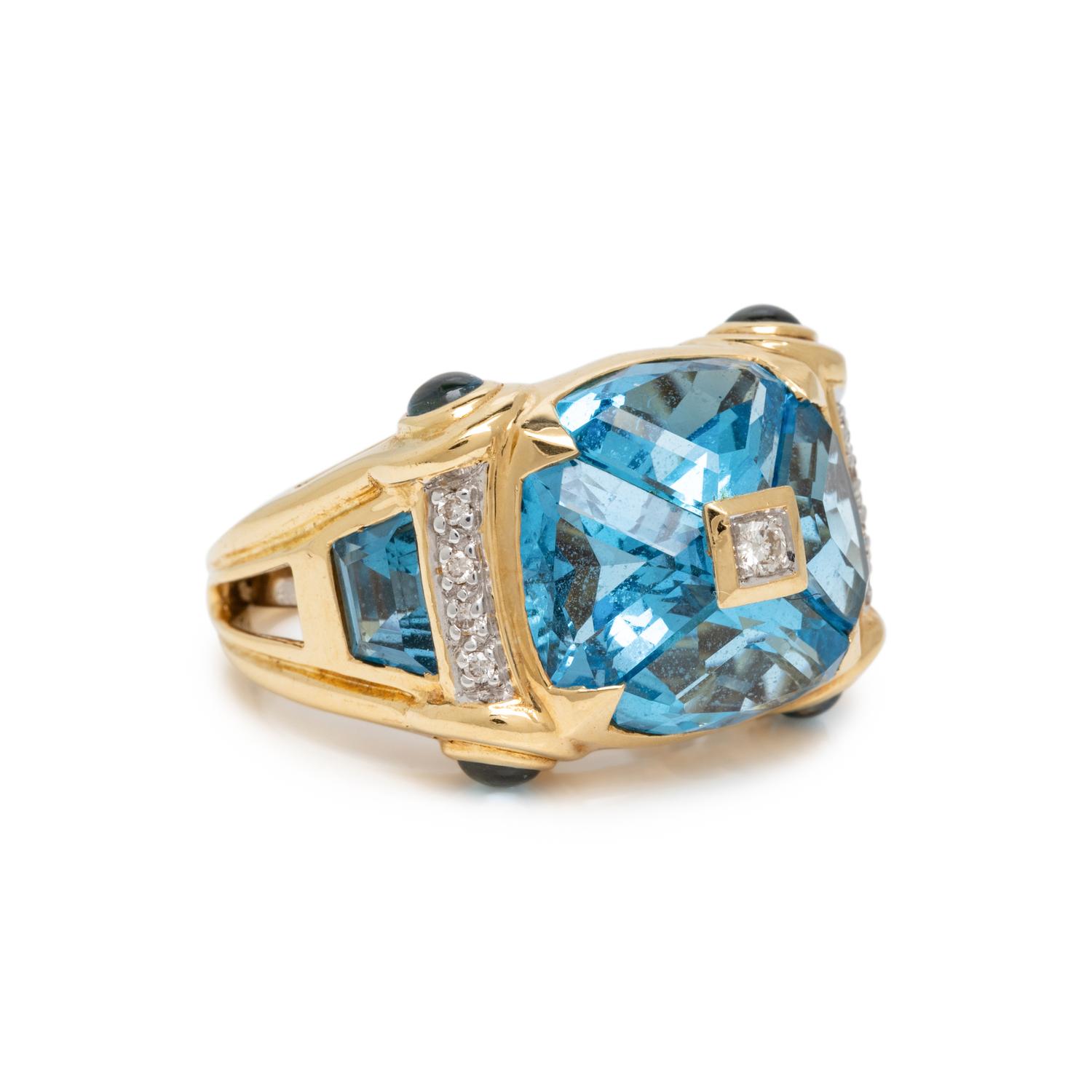 YELLOW GOLD, BLUE TOPAZ, AND DIAMOND RING