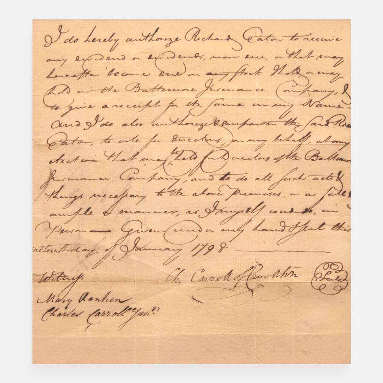 [Declaration of Independence] [Maryland] Carroll, Charles Manuscript Document, signed