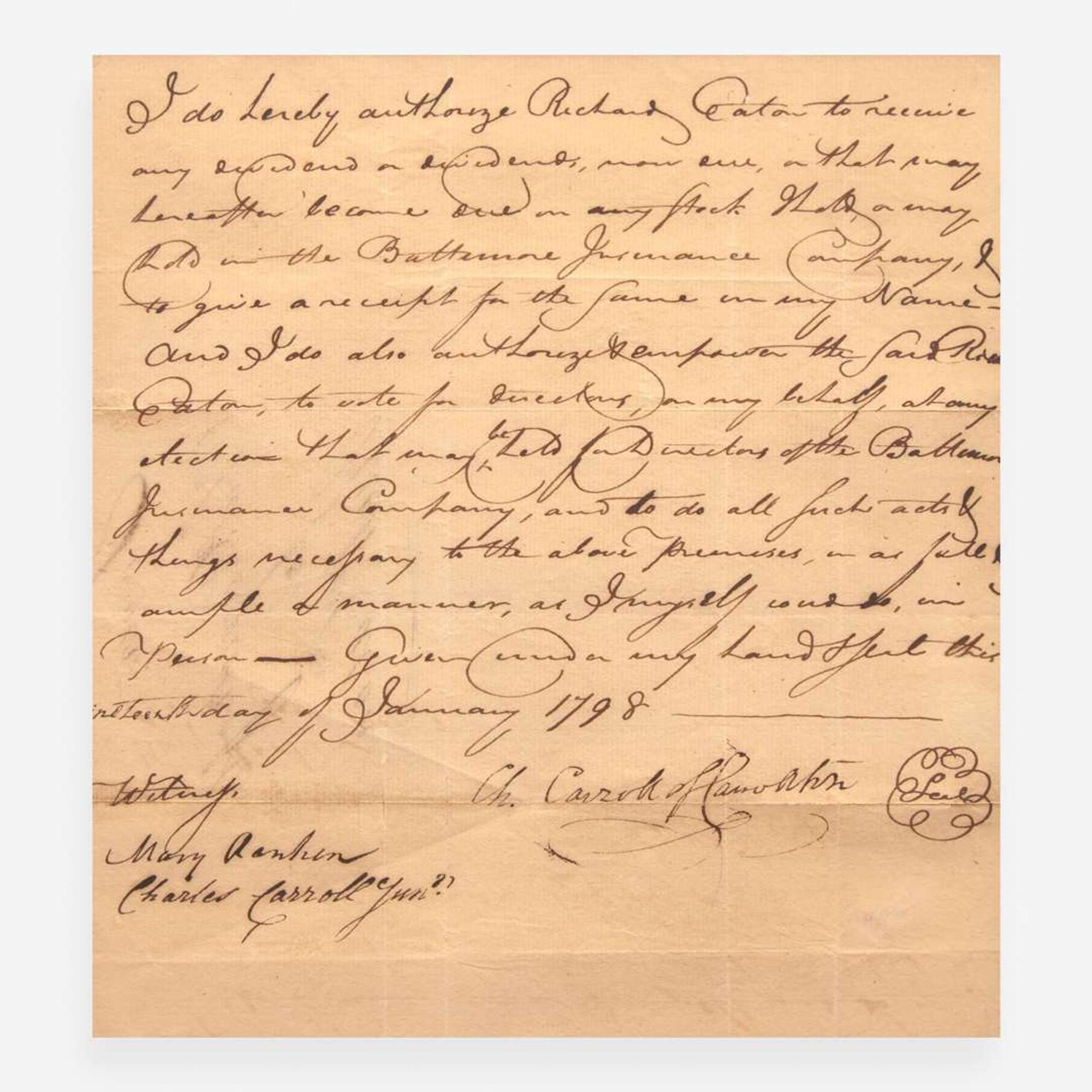 [Declaration of Independence] [Maryland] Carroll, Charles Manuscript Document, signed