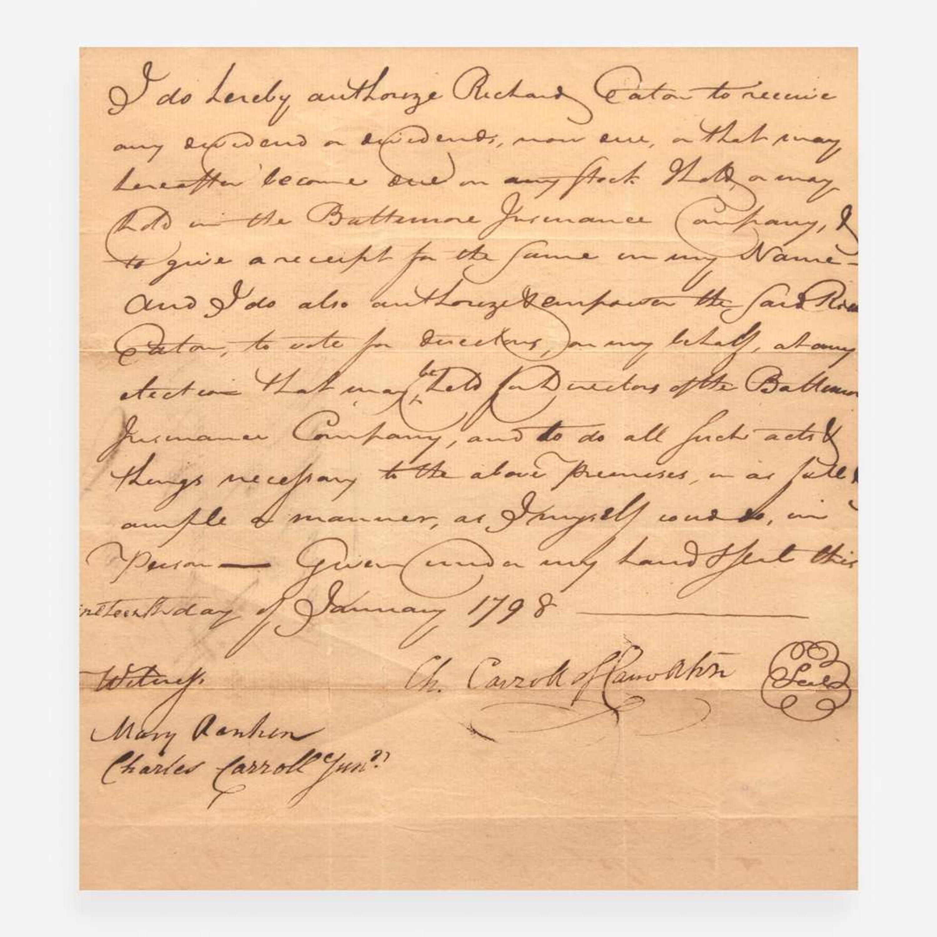 [Declaration of Independence] [Maryland] Carroll, Charles Manuscript Document, signed