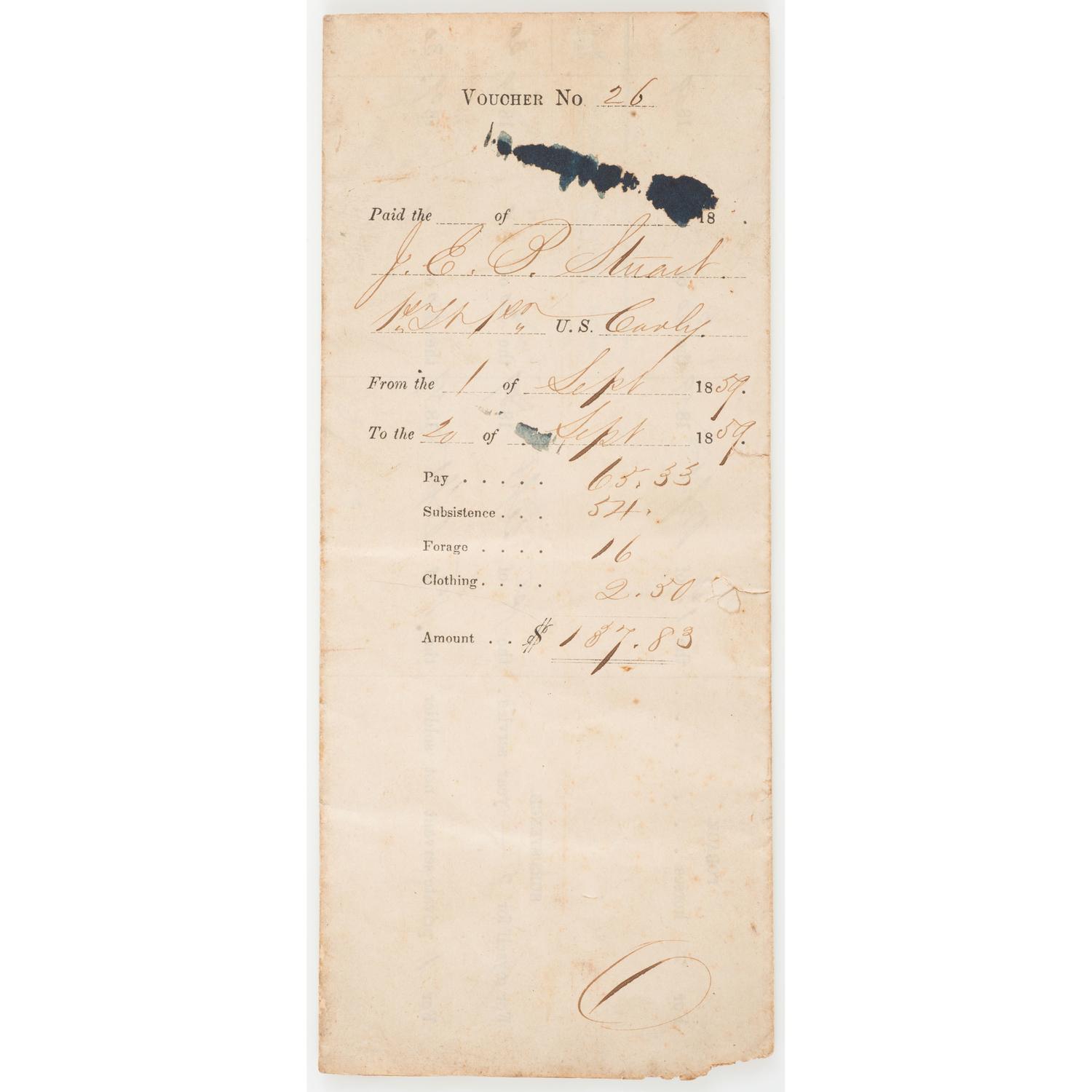 J.E.B. Stuart Thrice Signed Pre-War Pay Voucher