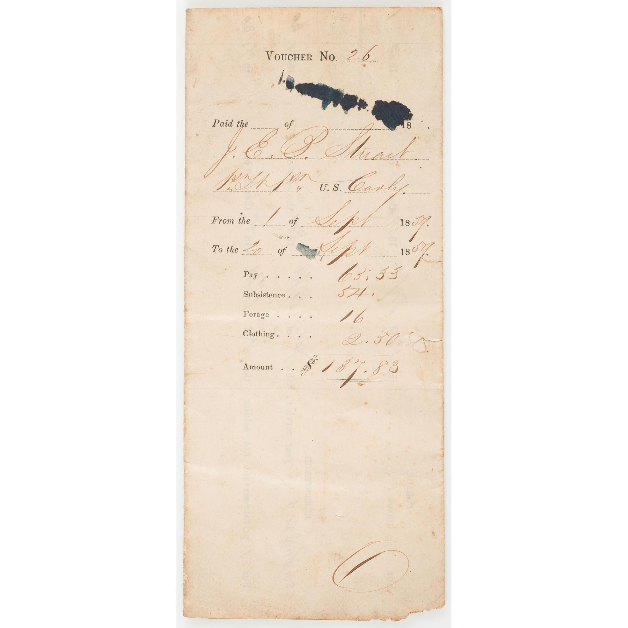 J.E.B. Stuart Thrice Signed Pre-War Pay Voucher