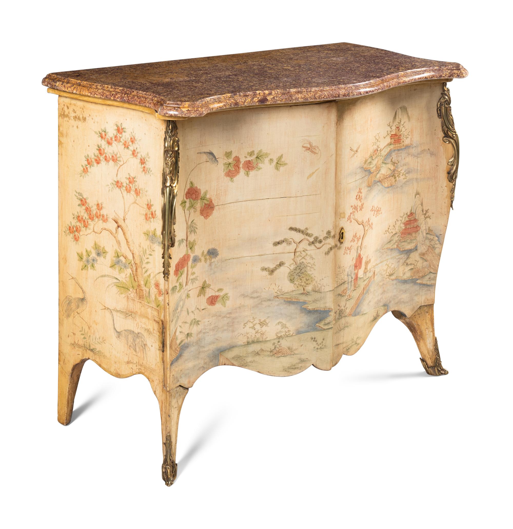 A George III Gilt Bronze Mounted Chinoiserie Painted Marble-Top Commode