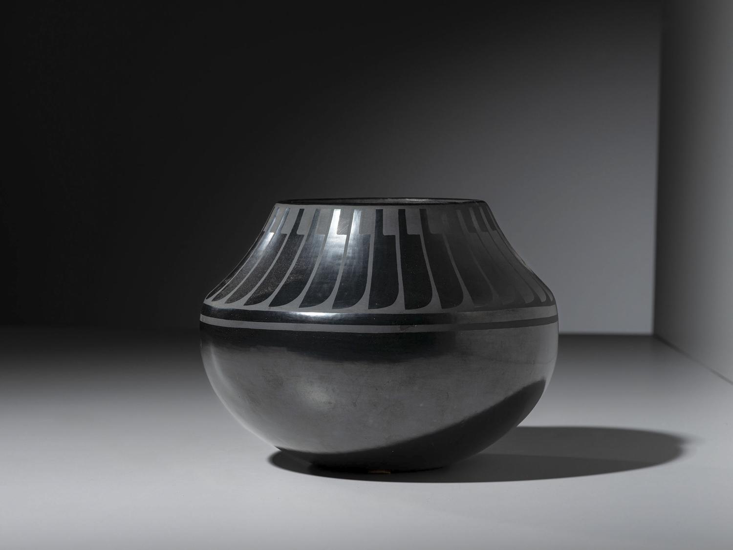 Blackware Pottery Jar, with Repeating Feathers