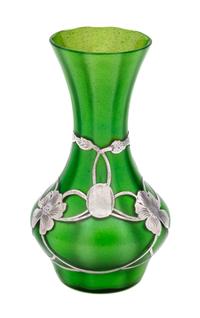 A Loetz Silver Overlay Grun Metallin Glass Vase Height 6 inches.