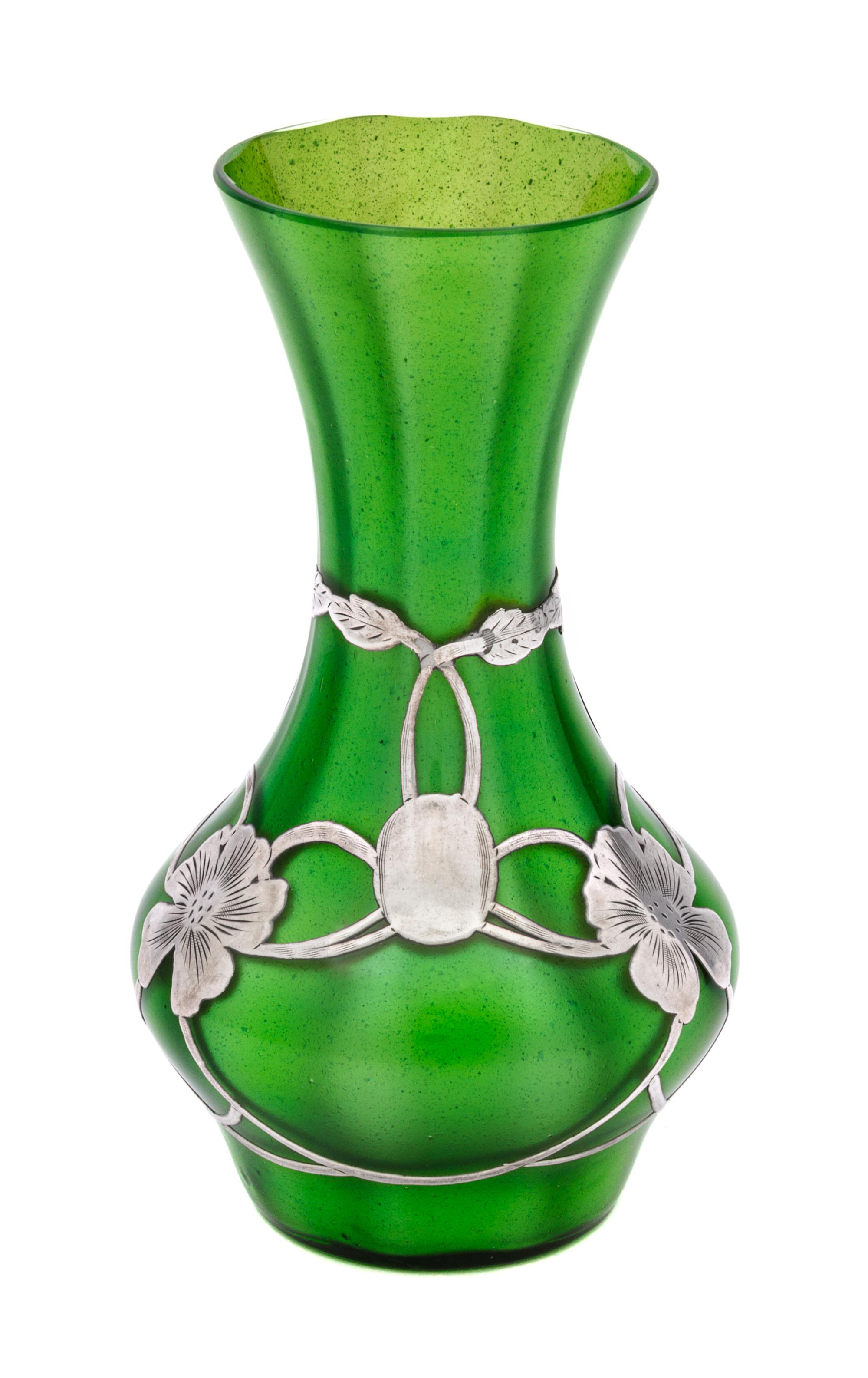 A Loetz Silver Overlay Grun Metallin Glass Vase Height 6 inches.