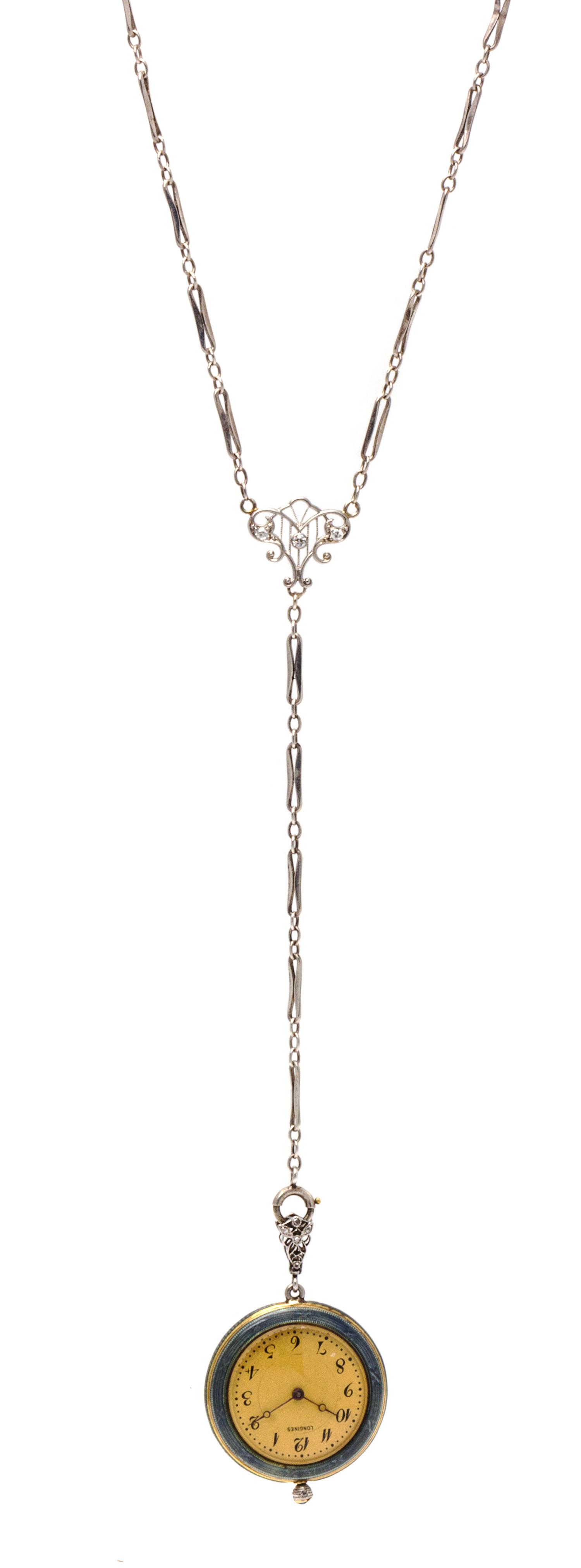 A Gold, Polychrome Enamel and Diamond Open Face Pendant Watch, Longines for Phelps & Perry, New York, 19.80 dwts.