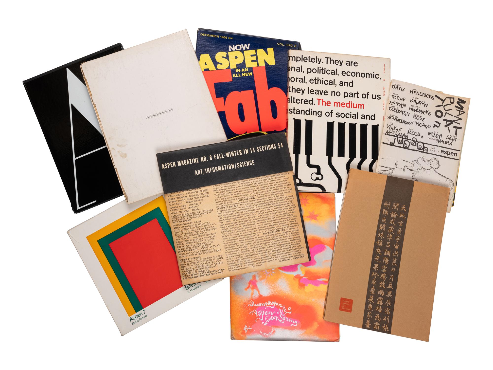 [ARTISTS' BOOKS] -- [ASPEN MAGAZINE]. JOHNSON, Phyllis, editor. Aspen the Magazine in a Box . COMPLETE RUN: Numbers 1, 2, 3, 4, 5&6, 6A, 7, 8, 9, and 10. New York: Roaring Ford Press & Aspen Communications Inc., 1965-1971.