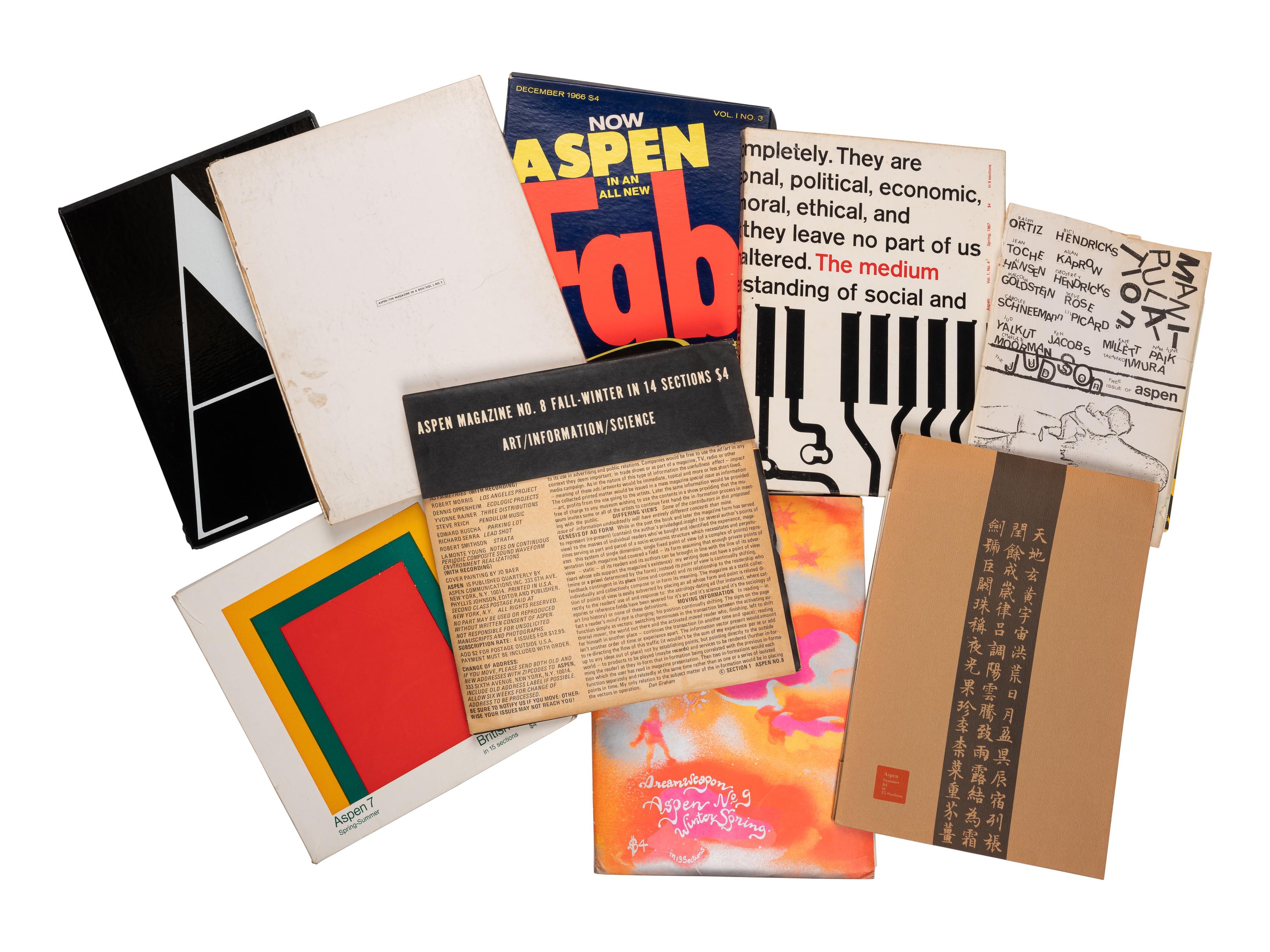 [ARTISTS' BOOKS] -- [ASPEN MAGAZINE]. JOHNSON, Phyllis, editor. Aspen the Magazine in a Box . COMPLETE RUN: Numbers 1, 2, 3, 4, 5&6, 6A, 7, 8, 9, and 10. New York: Roaring Ford Press & Aspen Communications Inc., 1965-1971.