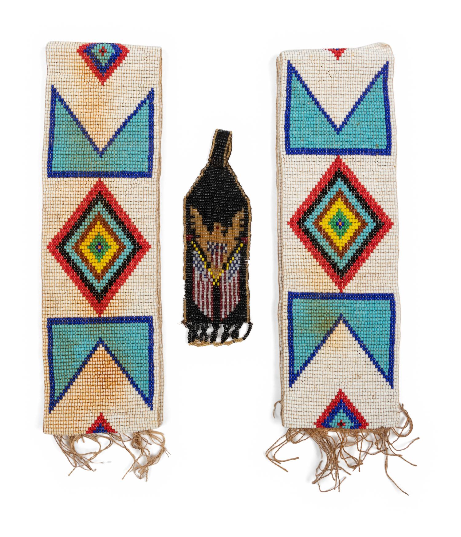 A Pair of Plains Loom-Beaded Strips and Bookmark