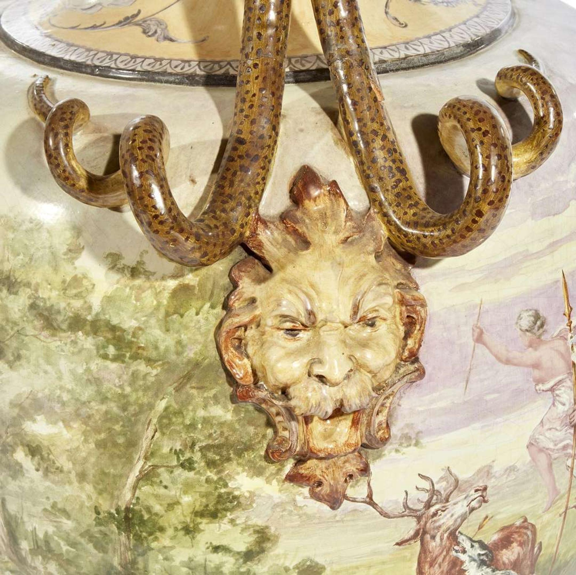 A Large Italian Majolica Twin-Handled Urn on Conforming Pedestal Probably Cantagalli, dated 1898