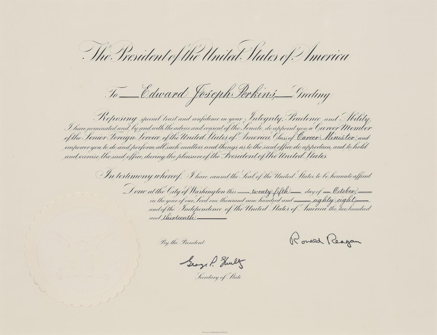 [POLITICS]. [PERKINS, Edward Joseph (1928-2020)]. A group of 9 appointments by Presidents Reagan, Bush, Clinton, and Bush to Perkins, presumably with secretarial or facsimile signatures, including: