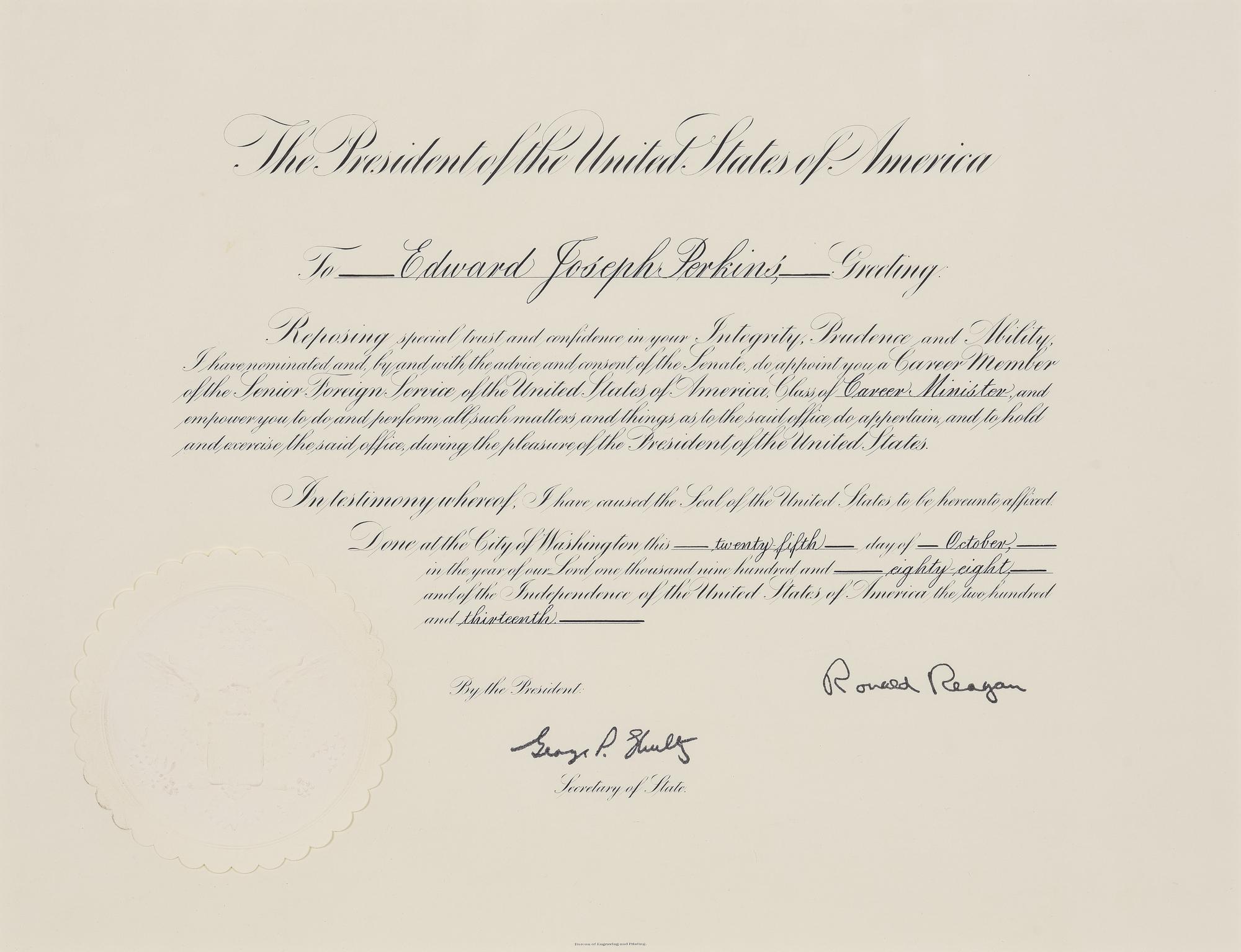 [POLITICS]. [PERKINS, Edward Joseph (1928-2020)]. A group of 9 appointments by Presidents Reagan, Bush, Clinton, and Bush to Perkins, presumably with secretarial or facsimile signatures, including: