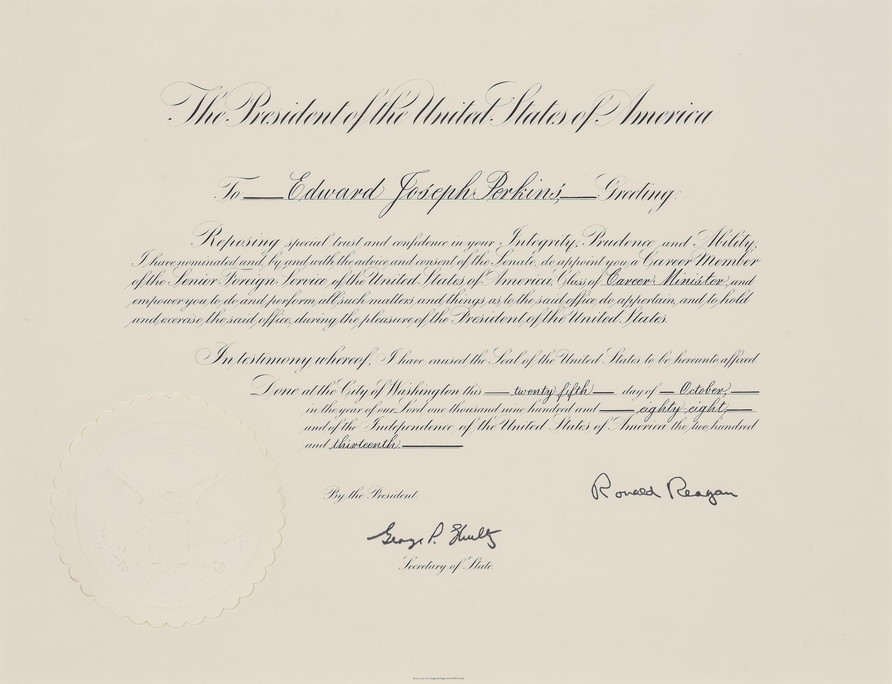 [POLITICS]. [PERKINS, Edward Joseph (1928-2020)]. A group of 9 appointments by Presidents Reagan, Bush, Clinton, and Bush to Perkins, presumably with secretarial or facsimile signatures, including: