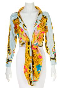 A Gianni Versace Silk Print Tie Front Blouse, Size 38.