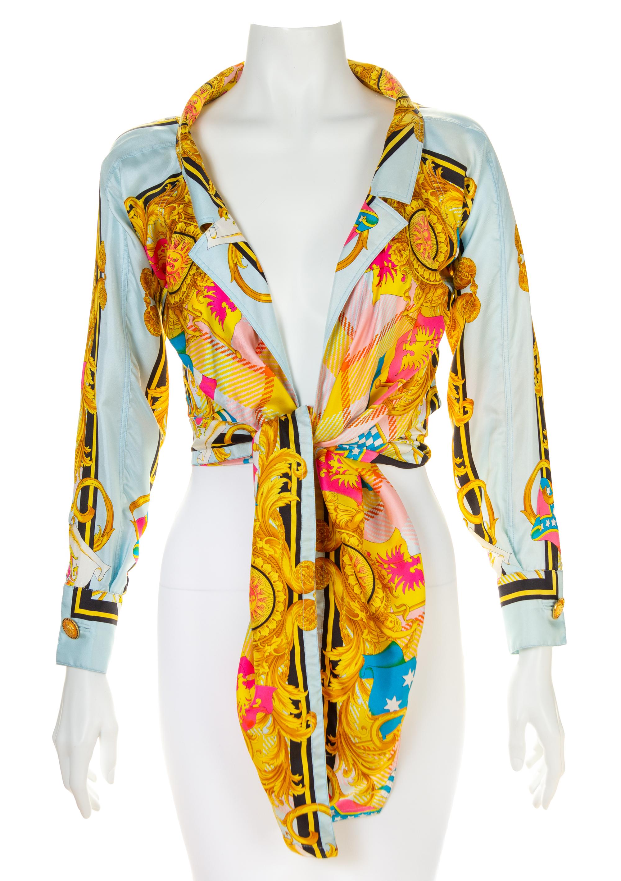 A Gianni Versace Silk Print Tie Front Blouse, Size 38.