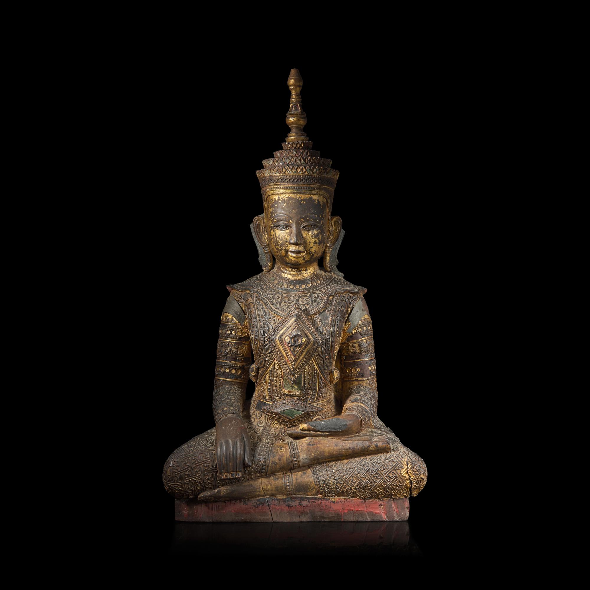 A Burmese Embellished and Gilt-Lacquered Wood Seated Buddha, 19th to Early 20th Century — 十九-二十世紀初 緬甸金漆木坐佛