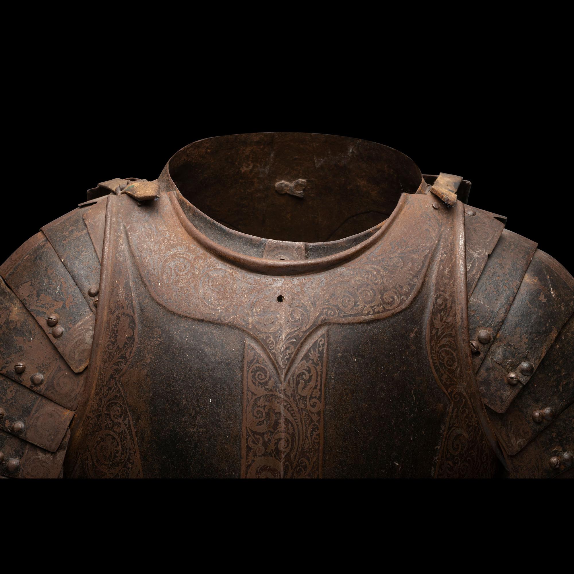 A 17th Century German Etched and Painted Half Suit of Armor