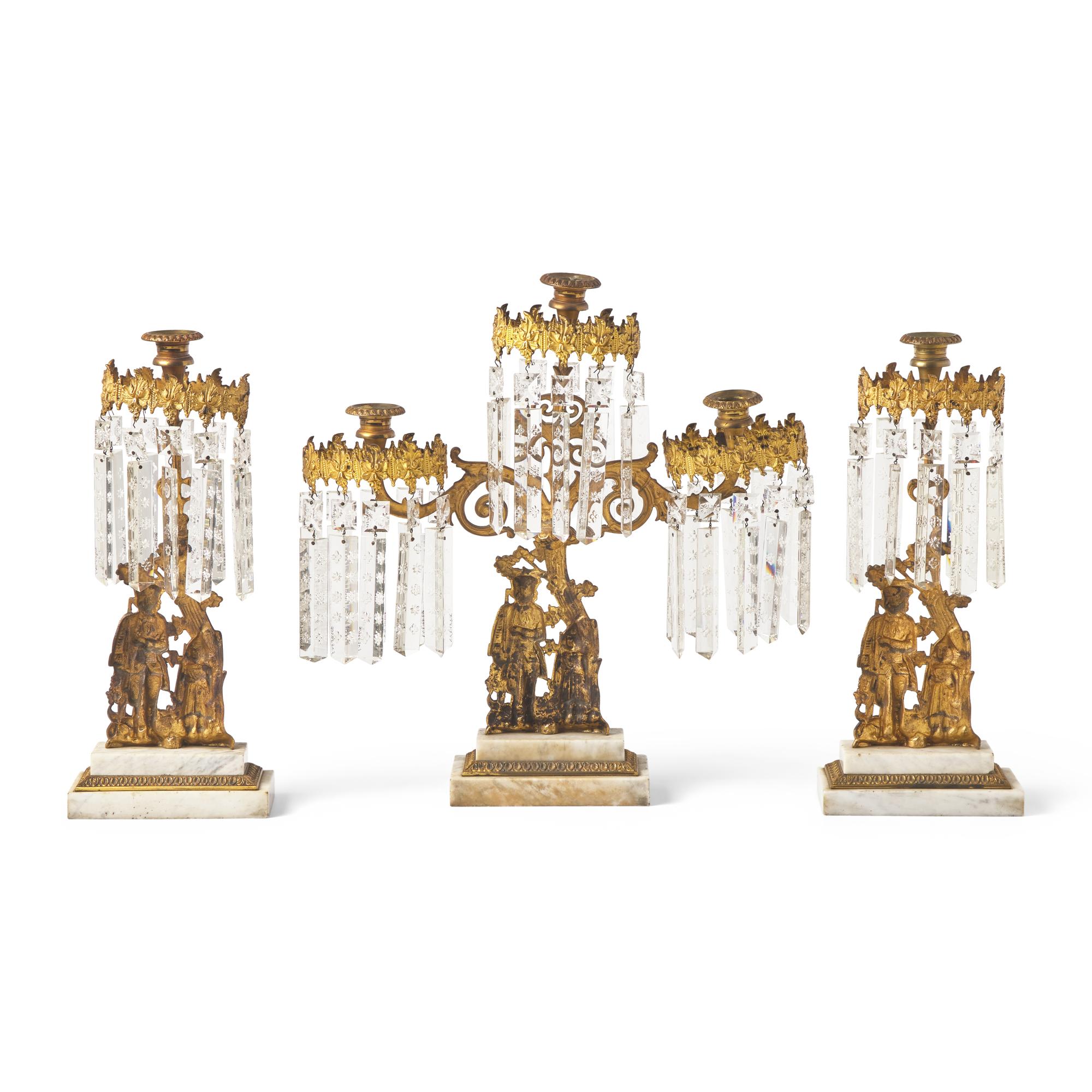A "Leatherstocking Tales" Three-Piece Cast Brass, Marble, and Brass Girandole Garniture