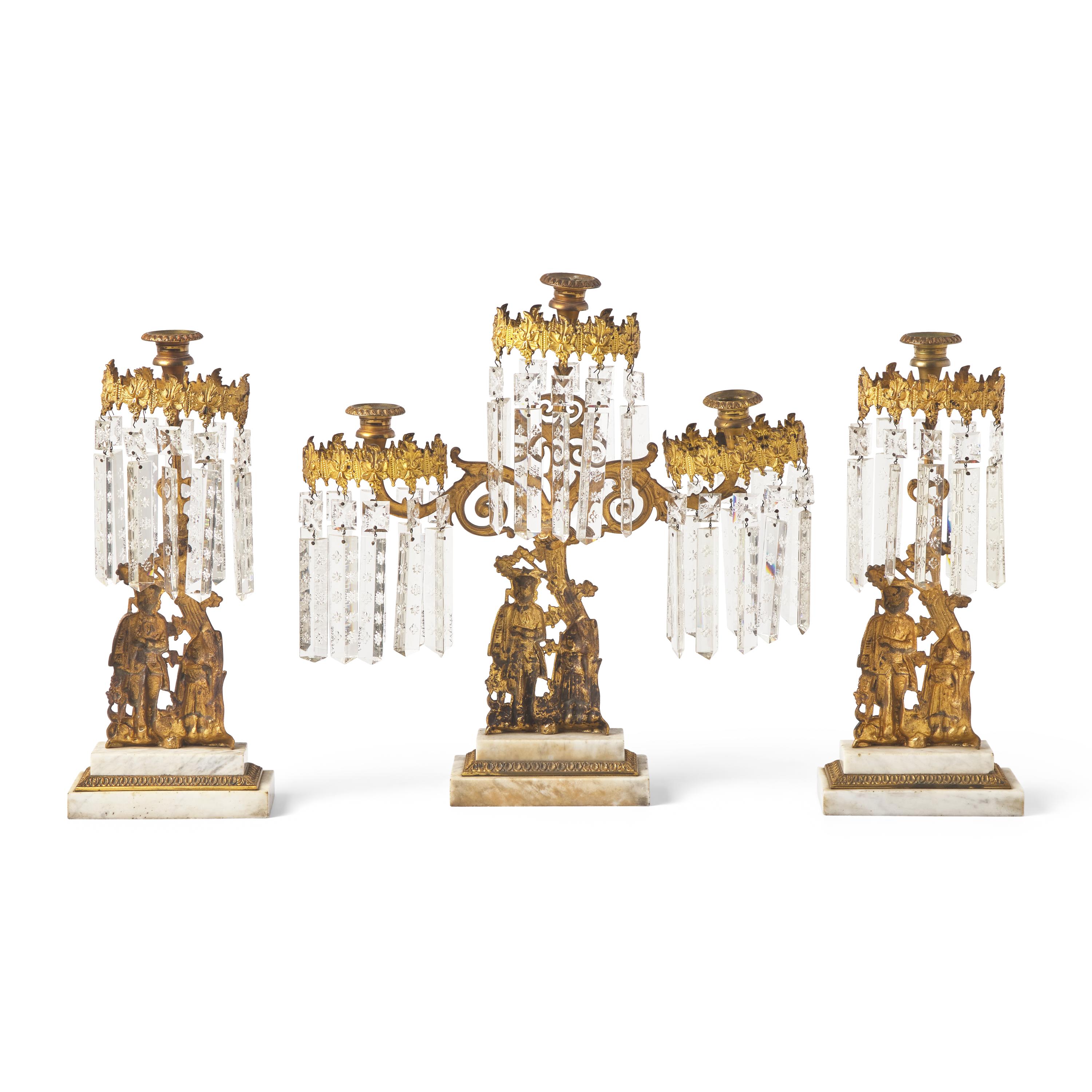 A "Leatherstocking Tales" Three-Piece Cast Brass, Marble, and Brass Girandole Garniture