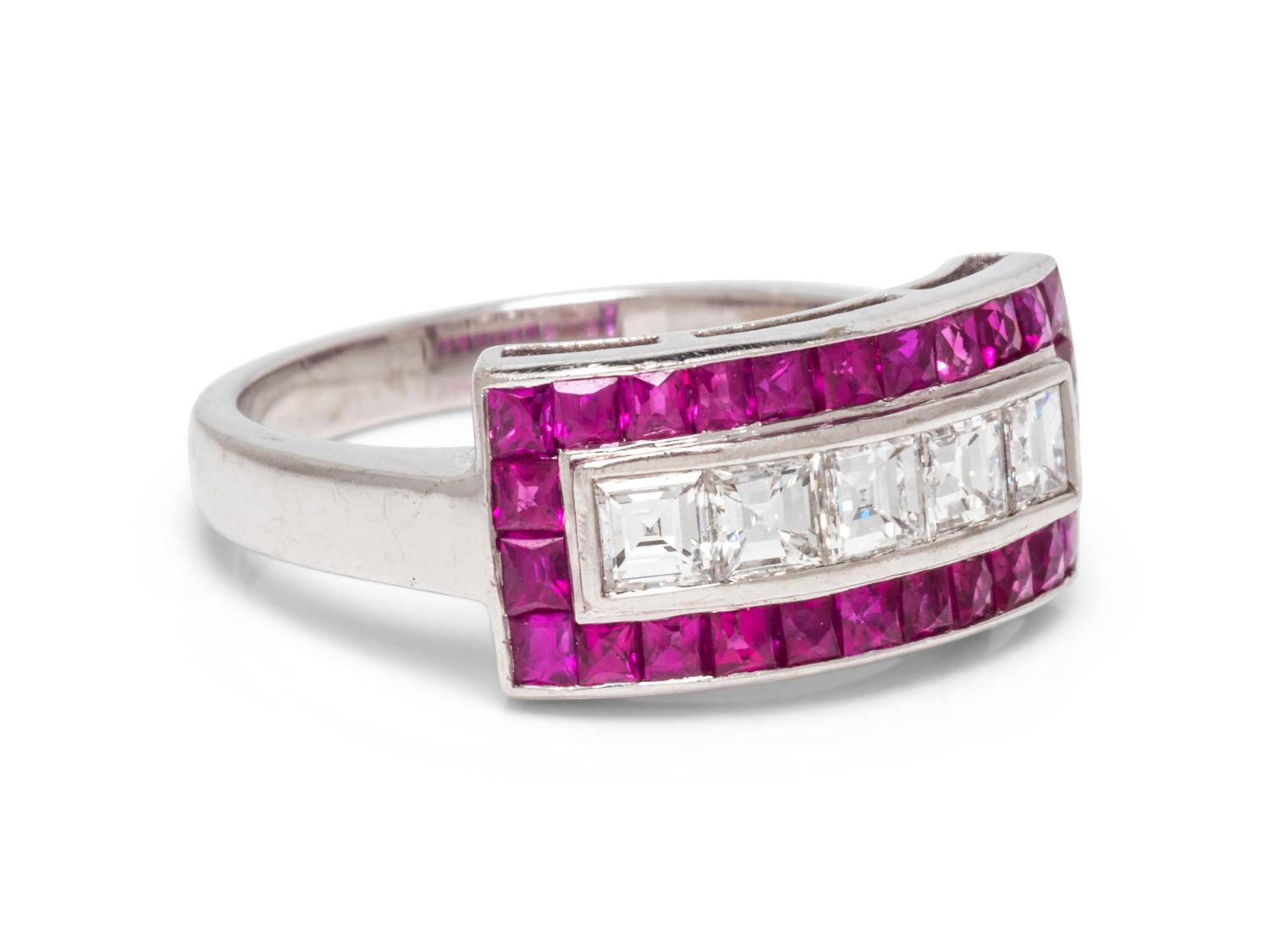 An 18 Karat White Gold, Diamond and Ruby Ring,