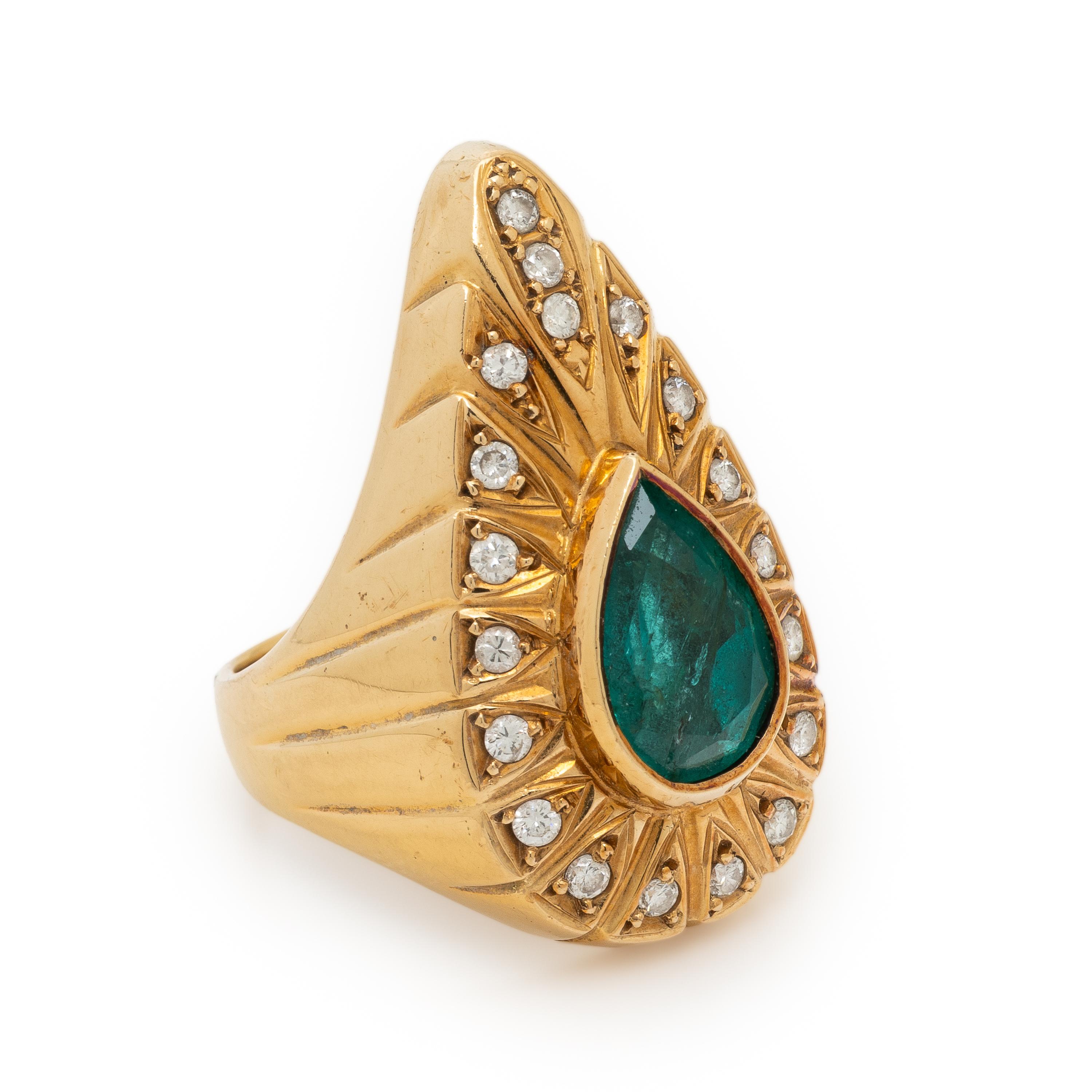 Synthetic Emerald, Diamond, and Yellow Gold Ring
