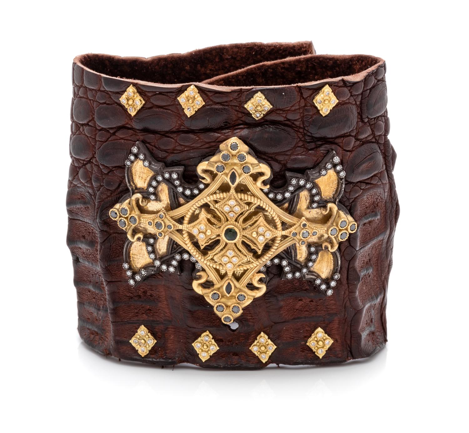 A Yellow Gold, Blackened Silver, Green Tourmaline, Diamond, Black Diamond and Alligator Cuff Bracelet, Armenta,