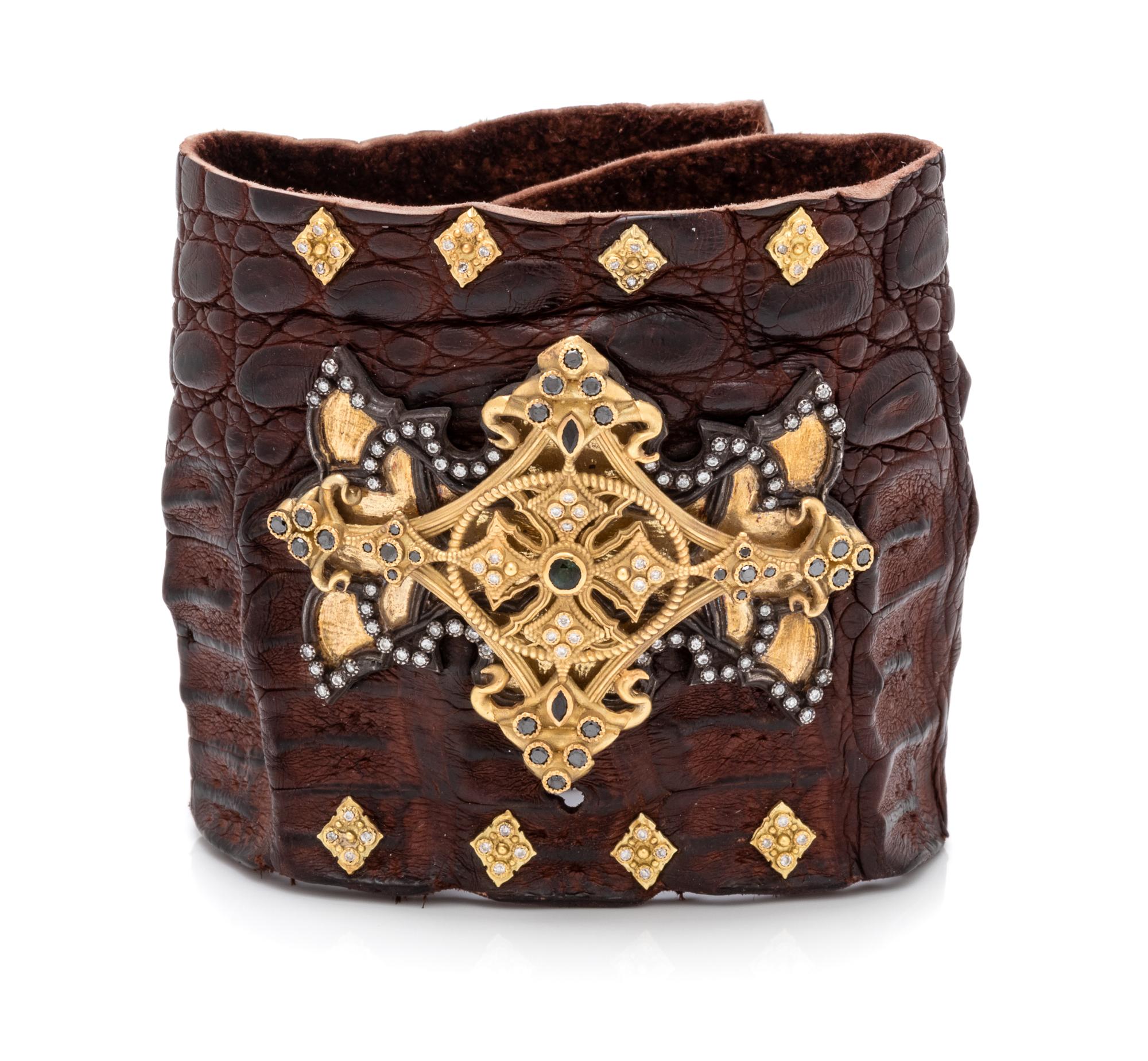 A Yellow Gold, Blackened Silver, Green Tourmaline, Diamond, Black Diamond and Alligator Cuff Bracelet, Armenta,