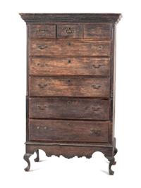 A Chippendale Carved Walnut or Cherrywood Painted Trifid Foot Chest on Stand