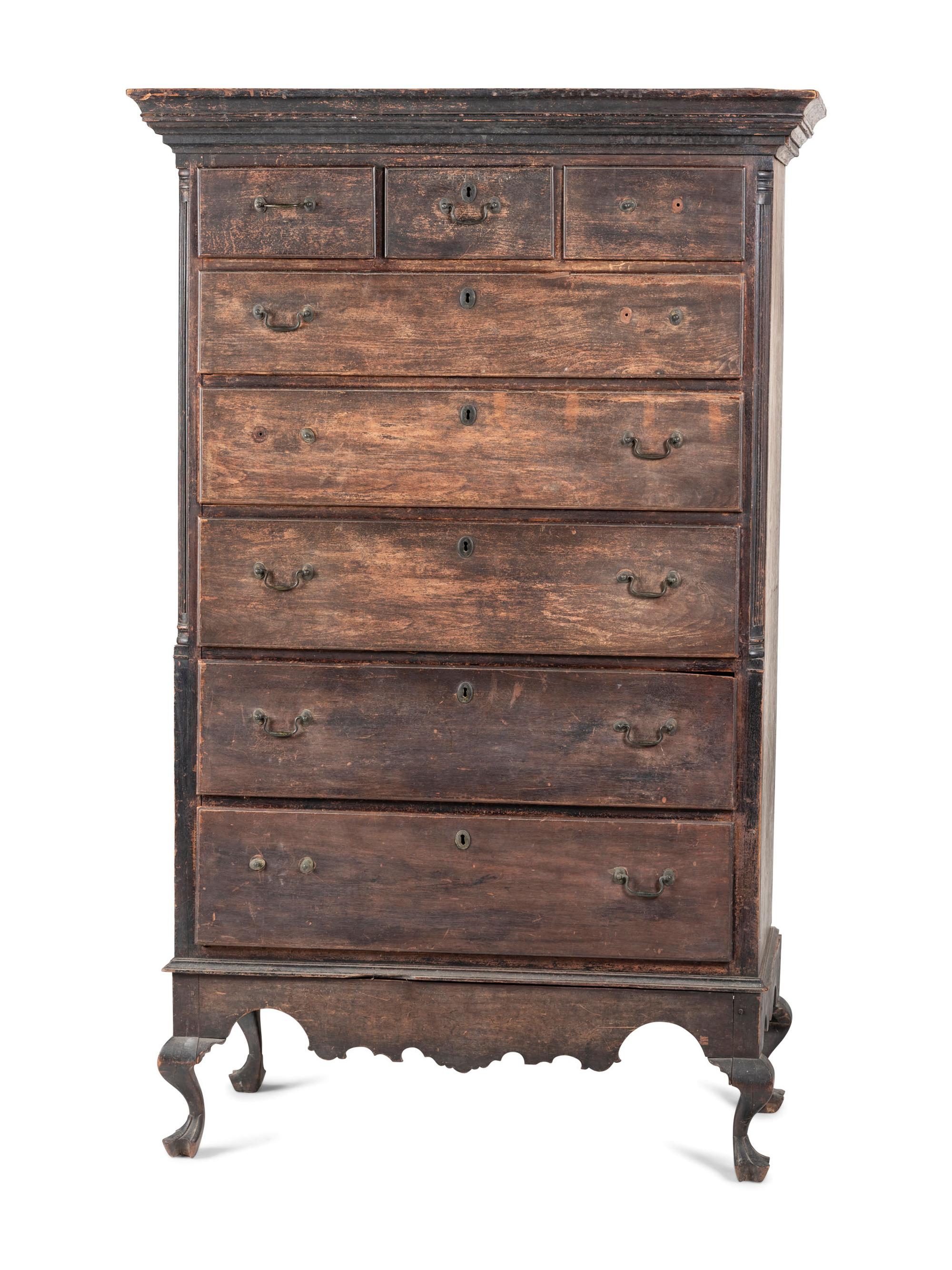 A Chippendale Carved Walnut or Cherrywood Painted Trifid Foot Chest on Stand